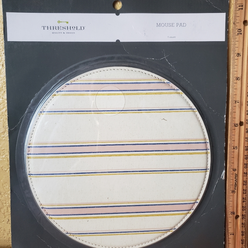 New Factory Sealed Round 8" Threshold Mousepad cream/blush/green striped Pattern